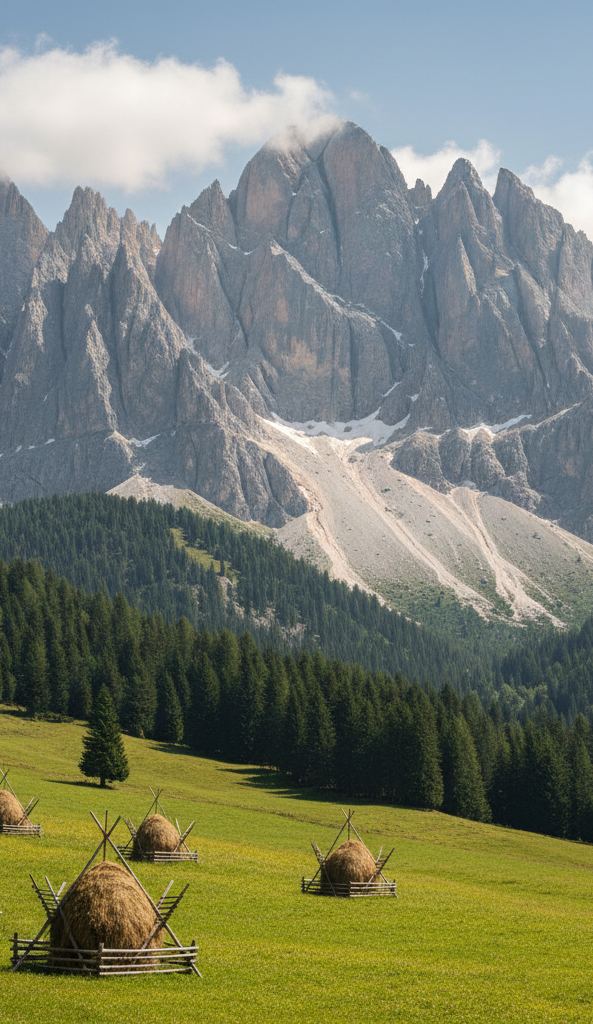 Granite Tatra peaks rising abruptly above a green foothill meadow with wooden hay racks, upright view