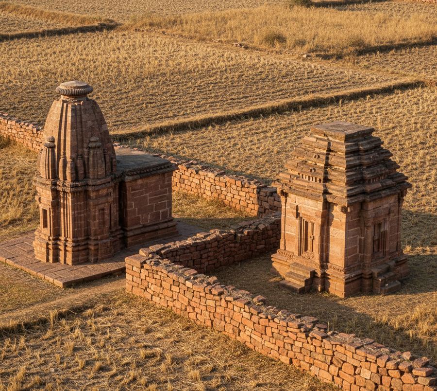 Red sandstone cliff at Badami with a rock cut pillared verandah above a still green tank