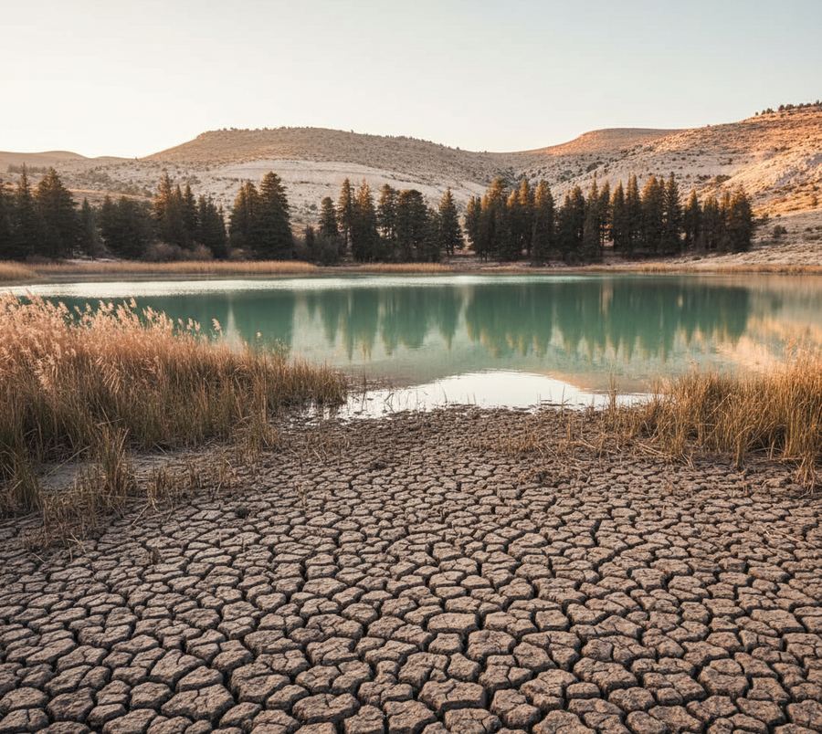 A shallow upland lake ringed with reeds and cracked mud, cedars dark on the far shore