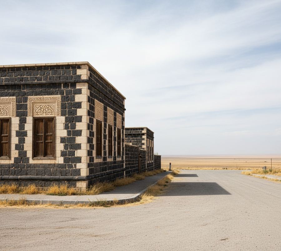 A roofless stone church of red and black courses standing alone on cropped plateau grass