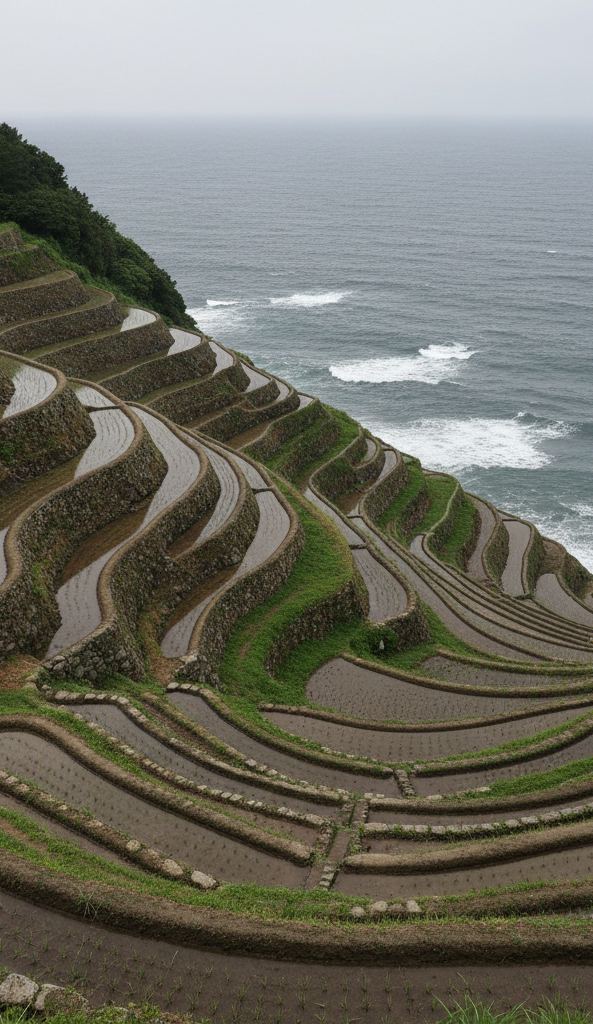 Terraced rice fields dropping in narrow steps to the Sea of Japan under grey cloud