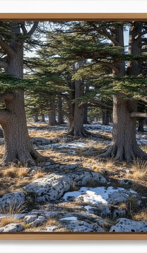 Old cedar standing on an upland plateau with snow still lying in the shade