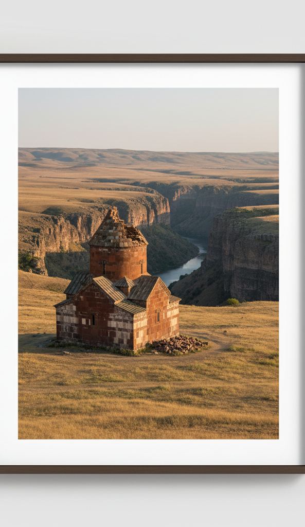 A treeless high plateau with a ruined stone church standing at a gorge edge