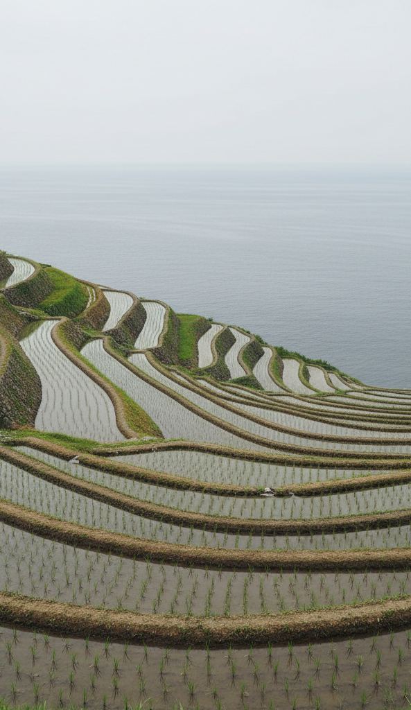 Salt pans and terraced rice above a grey sea on a rural peninsula