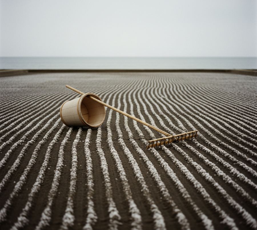 Raked sand flats and a wooden pail of seawater on a Noto salt pan