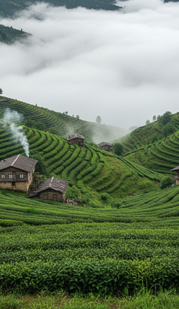 Terraced tea slopes falling into a valley with cloud sitting below the ridge