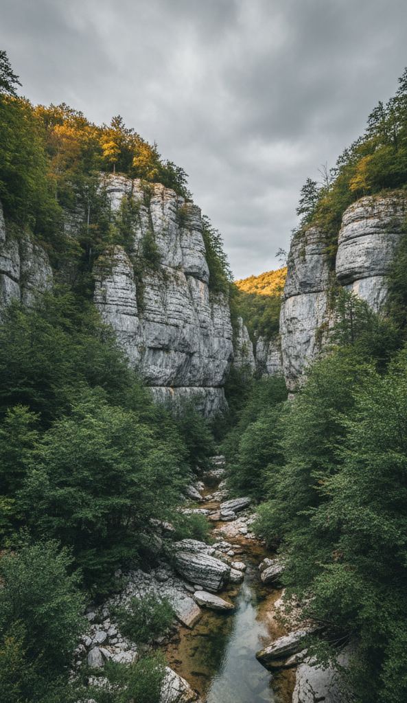 A limestone plateau of gorges and caves below a very large ruined castle