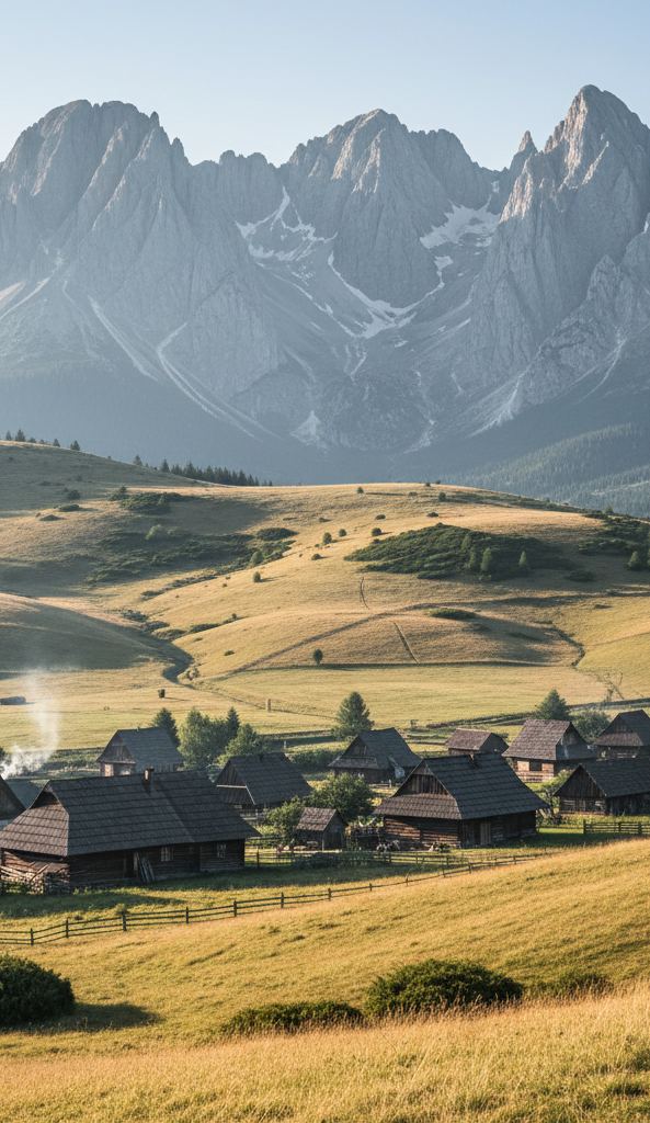 Timber houses on sheep pasture below a granite range still holding snow