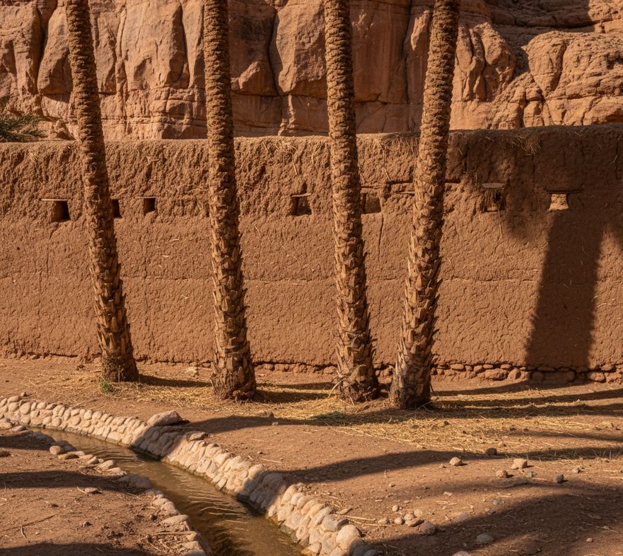 Close view of a mud brick wall, palm trunks and a stone irrigation channel